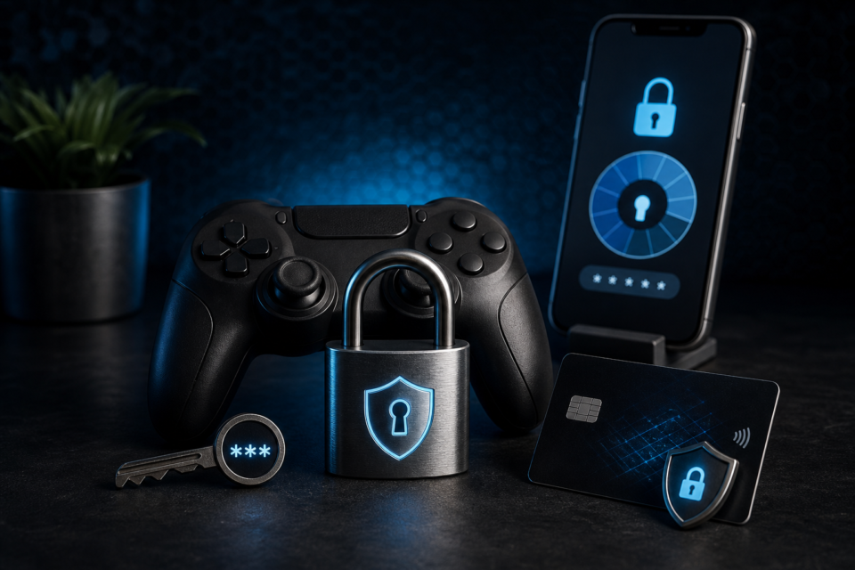 Game controller protected by a padlock, password key and two-factor authentication