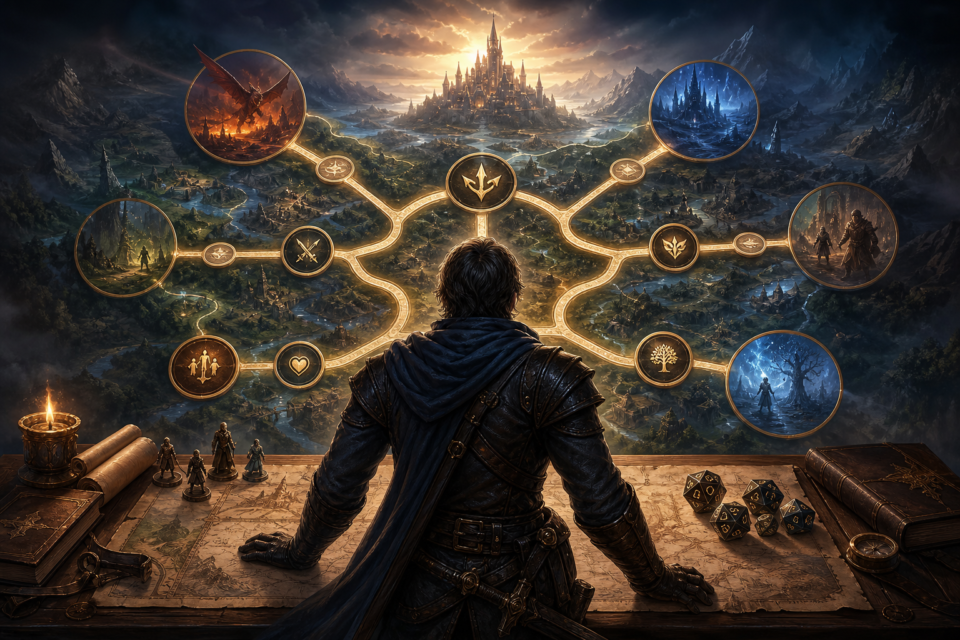 Adult fantasy RPG player viewing branching story paths and progression systems