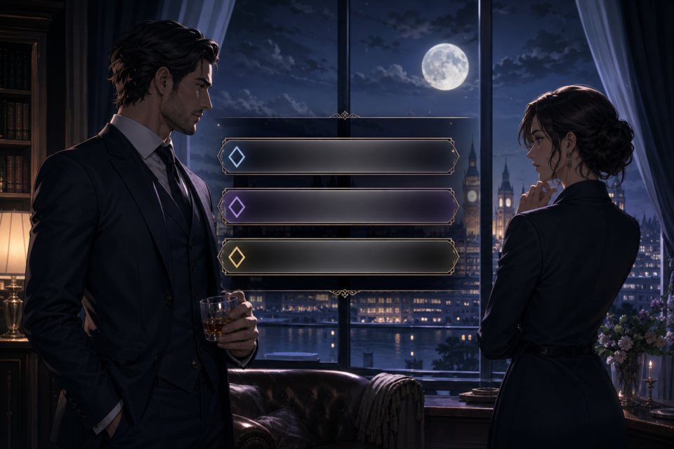 Adult visual novel characters with three branching dialogue choices