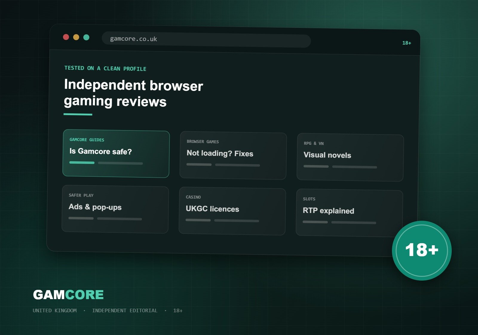 Gamcore UK — independent browser gaming guides and reviews, tested on a clean profile. 18+