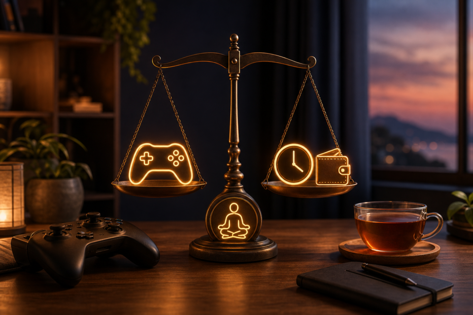 Gaming controller balanced with time, spending and wellbeing symbols