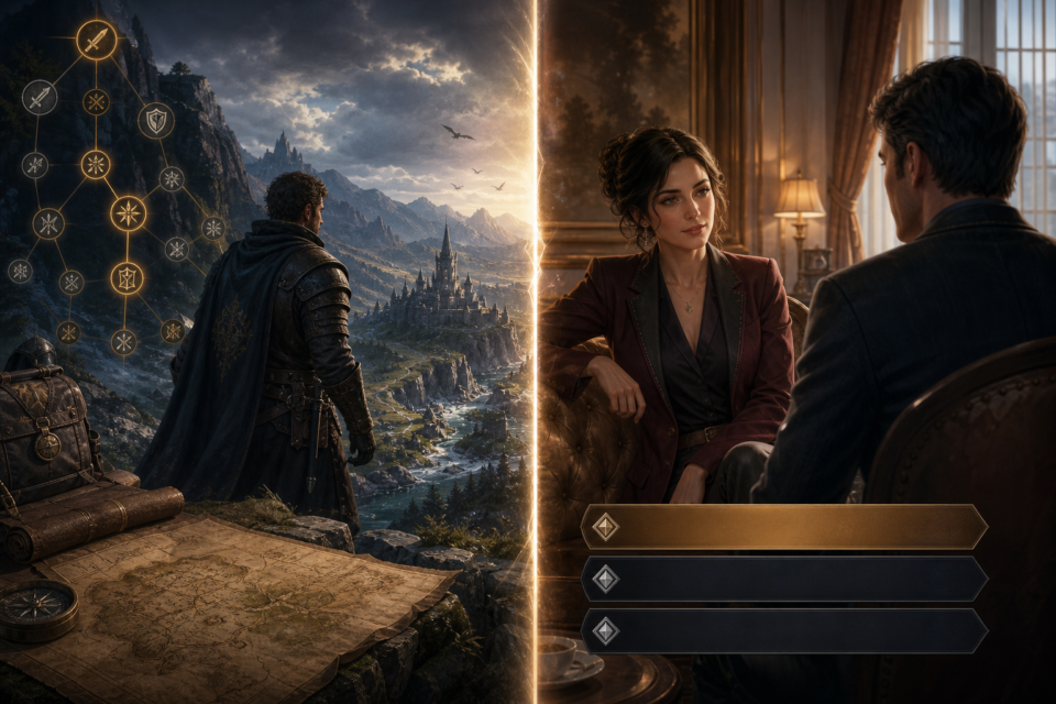 Fantasy RPG exploration compared with a visual novel conversation scene
